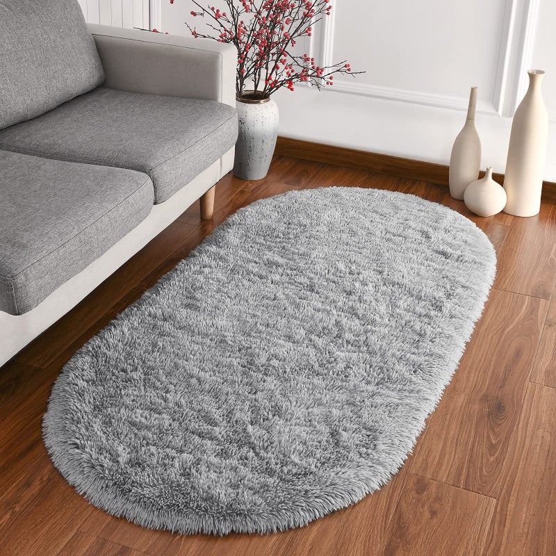 Softlife Fluffy Rugs for Bedroom, Shag Cute Area Rug for Girls and Kids Baby Room Home Decor, 2.6 x 5.3 Feet Oval Indoor Carpet for Nursery Dorm Living Room, Grey - Image 2
